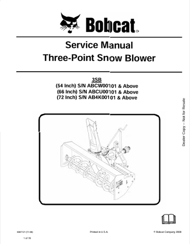Access the comprehensive service manual for the BOBCAT 3SB three-point snow blower. Download the PDF for 54", 66", and 72" models today!