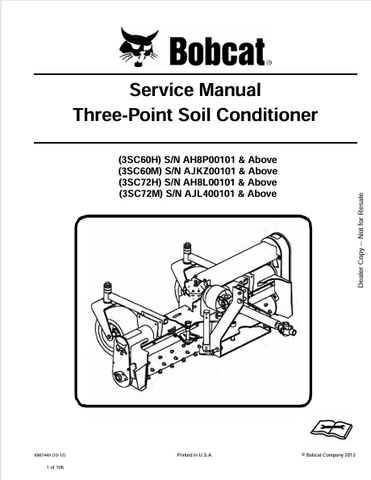 Access the comprehensive service manual for BOBCAT 3SC60H, 3SC60M, 3SC72H, and 3SC72M three-point soil conditioners. Download the PDF now!