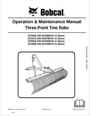 Discover the comprehensive operation and maintenance manual for BOBCAT 3TR6, 3TR72, 3TR84, and 3TR96 three-point tine rakes. Download the PDF now!
