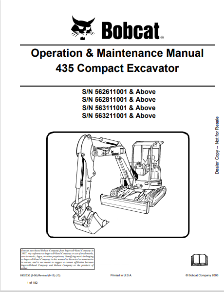 Discover the comprehensive operation and maintenance manual for the BOBCAT 435 Compact Excavator (6902330). Download the PDF for essential insights and guidelines.