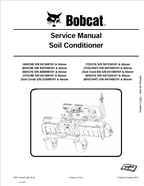Discover the comprehensive service manual for BOBCAT soil conditioners, including models 48SCM, 60SCM, 72SCH, and more. Download the PDF now!