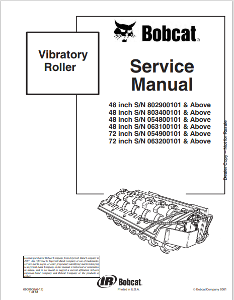 Discover the comprehensive service manual for the BOBCAT 48 and 72-inch vibratory roller (6900900). Download the PDF for expert maintenance and operation guidance.