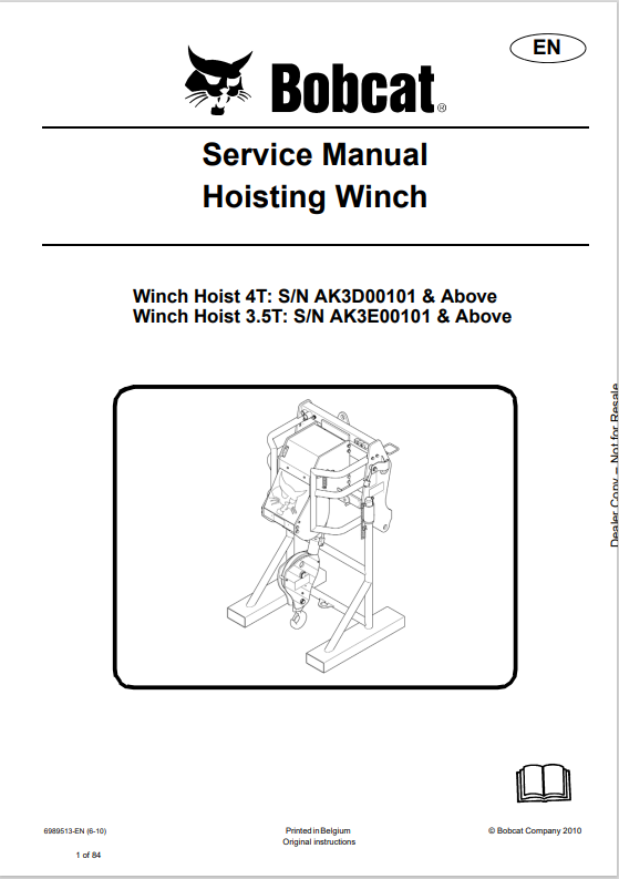 Discover the comprehensive service manual for the BOBCAT 4T and 3.5T hoisting winch (6989513). Download the PDF for expert guidance and maintenance tips.