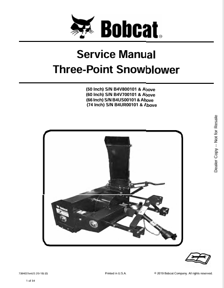 Access the comprehensive service manual for BOBCAT three-point snowblowers (50", 60", 66", 74"). Download the PDF file for expert maintenance tips and guidance.