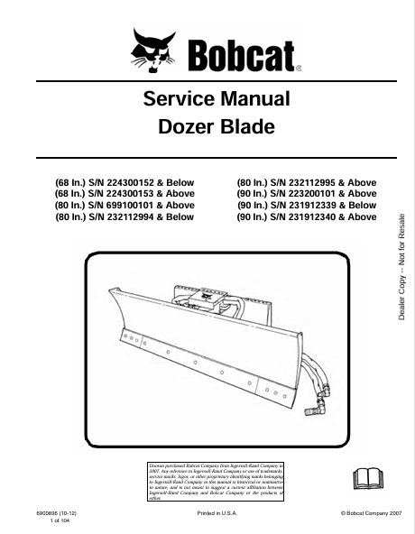 Discover the comprehensive service manual for BOBCAT dozer blades (68", 80", 90") in PDF format. Essential for maintenance and repair. Download now!