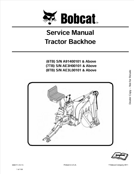 Discover the comprehensive service manual for BOBCAT 6TB, 7TB, and 8TB tractor backhoes. Download the PDF file for expert maintenance and repair guidance.