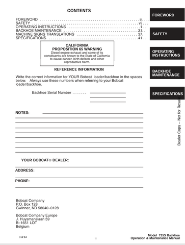 BOBCAT 725S BACKHOE (6901069) OPERATION AND MAINTENANCE MANUAL PDF FILE