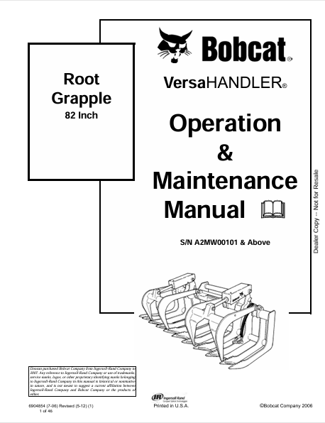 Discover the comprehensive operation and maintenance manual for the BOBCAT 82 Inch Root Grapple Versahandler. Download the PDF file for essential guidance.