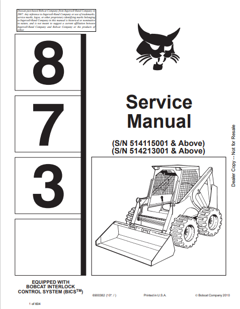 Discover the comprehensive BOBCAT 873 Service Manual (6900382) in PDF format. Access detailed maintenance and repair information for optimal performance.