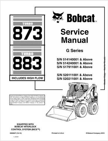 Discover the comprehensive service manual for BOBCAT 873 TURBO and 883 TURBO G SERIES. Download the PDF file (6900847) for expert maintenance guidance.