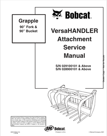 Discover the comprehensive service manual for the BOBCAT 90” Fork & 90” Bucket Versahandler Attachment (6901449). Download the PDF for expert guidance.