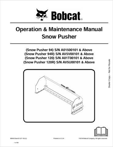 Discover the comprehensive operation and maintenance manual for BOBCAT 94, 94R, 120, and 120R snow pushers. Download the PDF for expert guidance today!