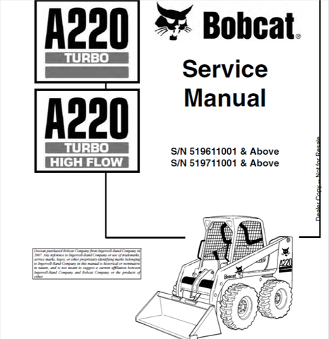 Unlock the full potential of your BOBCAT A220 Turbo High Flow Loader with the comprehensive Service Manual (Part Number: 6901245). This PDF file is an essential resource for operators and technicians alike, providing detailed insights into maintenance, troubleshooting, and repair procedures tailored specifically for your loader model.