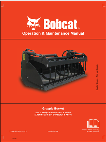 Discover the comprehensive operation and maintenance manual for the BOBCAT AG 2, 3 QT, 2.45M forged grapple bucket. Download the PDF for essential insights.