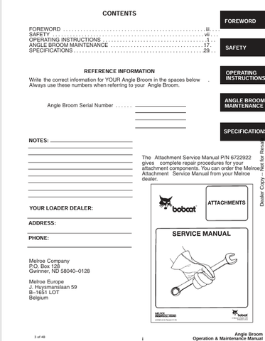 BOBCAT ANGLE BROOM (6720359) OPERATION AND MAINTENANCE MANUAL PDF FILE