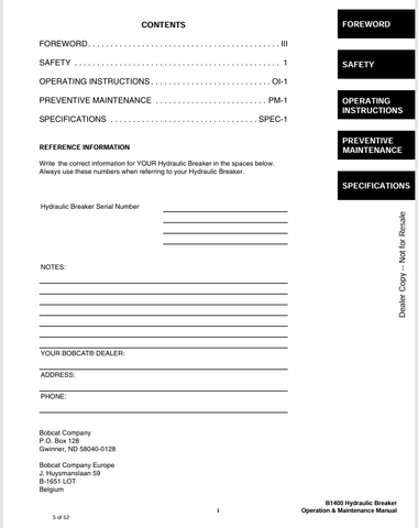 BOBCAT B1400 (6902190) OPERATION AND MAINTENANCE MANUAL PDF FILE