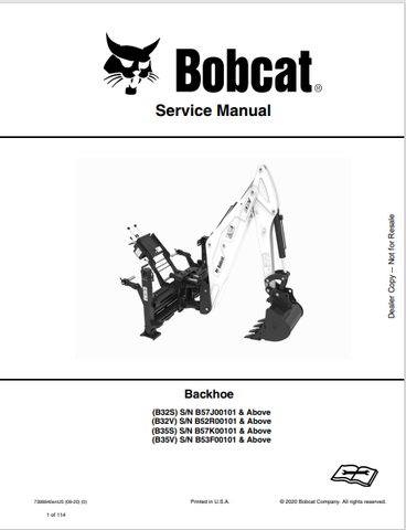  Discover the comprehensive service manual for BOBCAT B32S, B32V, B35S, and B35V backhoes. Download the PDF file (7398840) for expert maintenance guidance.