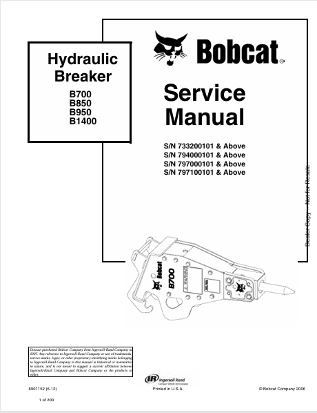 Discover the comprehensive service manual for BOBCAT B700, B850, B950, and B1400 hydraulic breakers. Download the PDF for expert guidance and maintenance tips.
