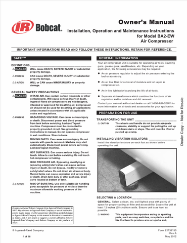  Discover comprehensive installation, operation, and maintenance instructions for the BOBCAT BA2-EW Air Compressor. Download the owner's manual (22138150) in PDF format.