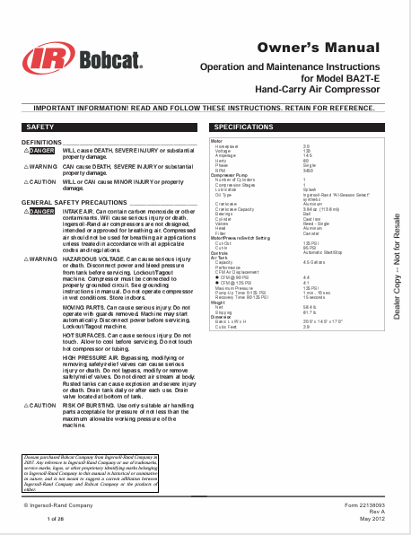 Discover the comprehensive owner's manual for the BOBCAT BA2T-E hand-carry air compressor. Access operation and maintenance instructions in a convenient PDF format.