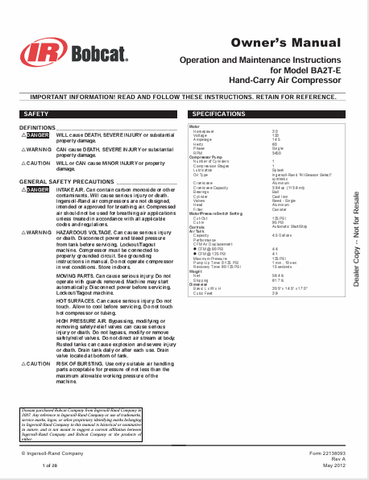 Discover the comprehensive owner's manual for the BOBCAT BA2T-E hand-carry air compressor. Access operation and maintenance instructions in a convenient PDF format.