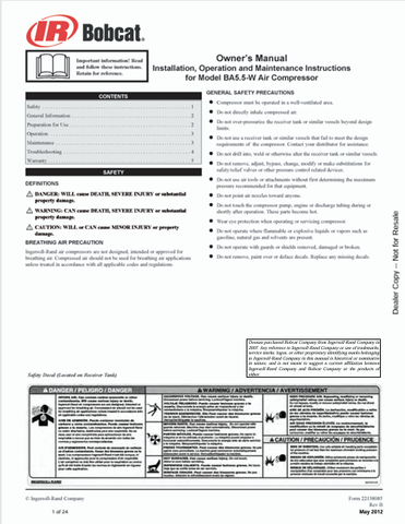  Discover comprehensive installation, operation, and maintenance instructions for the BOBCAT BA5.5-W Air Compressor. Download the owner's manual (22138085) in PDF format.