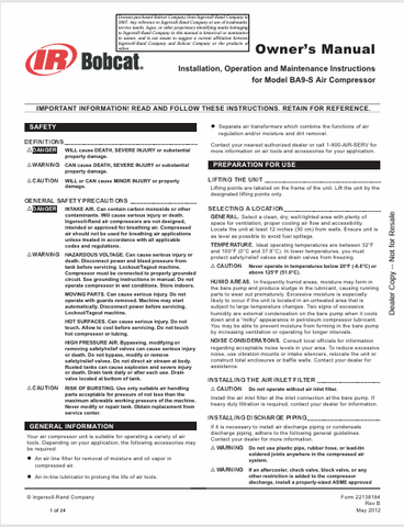 Discover comprehensive installation, operation, and maintenance instructions for the BOBCAT BA9-S Air Compressor. Access the owner's manual (22138184) in PDF format.