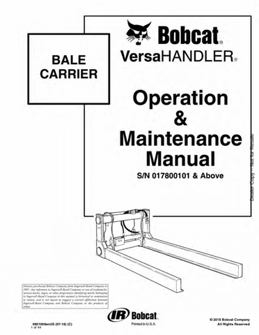 Discover the comprehensive operation and maintenance manual for the Bobcat Bale Carrier Versahandler (6901660). Download the PDF for essential insights.