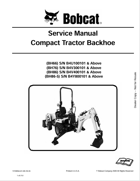 Discover the comprehensive service manual for BOBCAT BH66, BH76, BH86, and BH86-5 compact tractor backhoes. Download the PDF file for expert guidance.