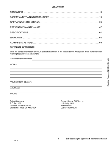 BOBCAT BOB-DOCK (7360445) OPERATION AND MAINTENANCE MANUAL PDF FILE