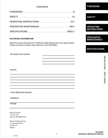 BOBCAT BOX BLADE (6902322) OPERATION AND MAINTENANCE MANUAL PDF FILE