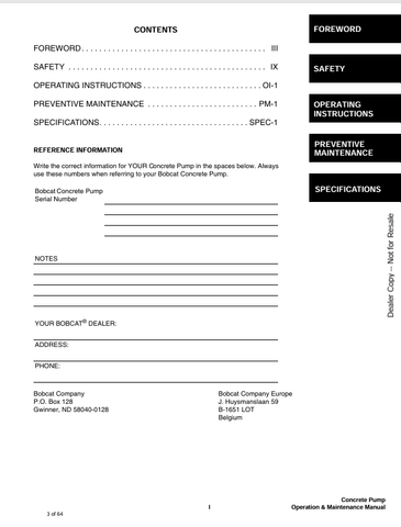 BOBCAT CONCRETE PUMP (6901059) OPERATION & MAINTENANCE MANUAL PDF FILE