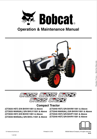 Discover the comprehensive operation and maintenance manual for BOBCAT CT2025, CT2035, CT2040, CT2535, and CT2540 compact tractors. Download the PDF now!