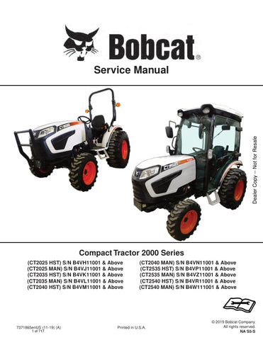 Unlock the full potential of your BOBCAT CT series with the comprehensive Service Manual (7371865) for models CT2025, CT2035, CT2040, CT2535, and CT2540. This PDF file is an essential resource for maintenance and repair, providing detailed diagrams, troubleshooting tips, and step-by-step instructions to keep your equipment running smoothly. Whether you're a seasoned technician or a DIY enthusiast, this manual ensures you have the knowledge and tools needed to tackle any service challenge with confidence. Do