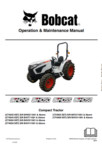 Discover the comprehensive operation and maintenance manual for BOBCAT CT4045, CT4050, CT4055, and CT4058 compact tractors. Download the PDF now!