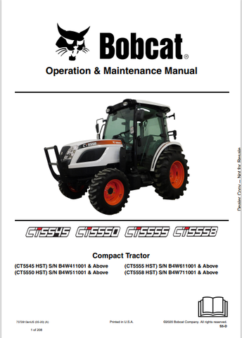  Discover the comprehensive operation and maintenance manual for BOBCAT CT5545, CT5550, CT5555, and CT5558 compact tractors. Download the PDF now!