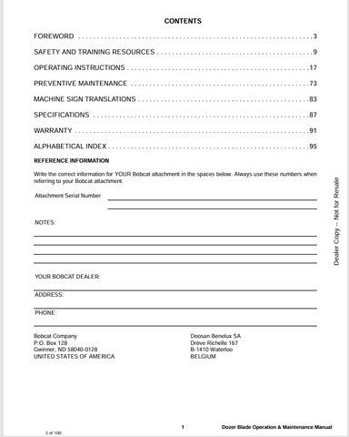 BOBCAT DOZER BLADE (6900819) OPERATION AND MAINTENANCE MANUAL PDF FILE