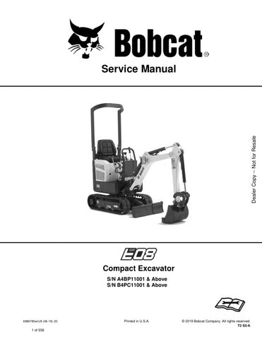 Unlock the full potential of your BOBCAT E08 with the comprehensive Service Manual (6986785) for models A4BP11001, B4PC11001, and up. This PDF file, covering the years 2006 to 2019, provides detailed insights into maintenance, troubleshooting, and repair procedures, ensuring your equipment operates at peak performance. With easy navigation and clear illustrations, this manual is an essential resource for both professionals and DIY enthusiasts looking to enhance their knowledge and extend the lifespan of the
