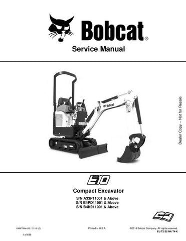 Unlock the full potential of your BOBCAT E10 with the comprehensive Service Manual (6986788) designed for models A33P11001, B4PD11001, and B4K911001 & UP. This PDF file is an essential resource for maintenance and repair, providing detailed diagrams, troubleshooting tips, and step-by-step instructions to keep your equipment running smoothly. Ensure optimal performance and longevity of your machine with this invaluable guide at your fingertips.