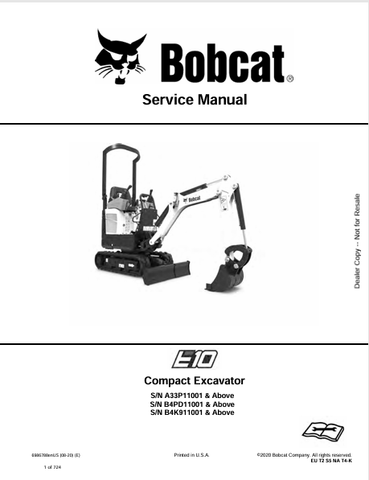  Discover the comprehensive service manual for the BOBCAT E10 Compact Excavator (6986788). Download the PDF for expert maintenance and repair guidance.