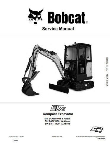Enhance your maintenance capabilities with the BOBCAT E17Z Service Manual (7314142). This comprehensive PDF file covers models B4AW11001, B4PF11001, B4PT11001, and up, providing detailed instructions and diagrams to ensure efficient servicing and repairs. With this manual, you can easily troubleshoot issues, perform routine maintenance, and maximize the performance of your equipment, saving you time and money. Invest in your machinery's longevity and reliability today!