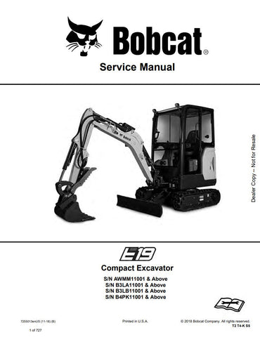 Unlock the full potential of your BOBCAT E19 Compact Excavator with the comprehensive Service Manual (7255013). This PDF file covers models AWMM11001, B3LA11001, B3LB11001, B4PK11001, and beyond, providing you with essential maintenance guidelines, troubleshooting tips, and detailed diagrams to ensure optimal performance. Whether you're a seasoned technician or a DIY enthusiast, this manual is your go-to resource for keeping your equipment running smoothly and efficiently. Invest in your machinery's