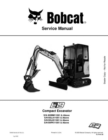 Unlock the full potential of your BOBCAT E19 with the comprehensive Service Manual (7255013) in PDF format, covering models AWMM11001, B3LA11001, B3LB11001, and B4PK11001 and up. This essential guide, updated as of July 2020, provides detailed instructions, troubleshooting tips, and maintenance procedures to keep your equipment running smoothly. With easy navigation and clear diagrams, this manual is a must-have for both professionals and DIY enthusiasts looking to enhance their operational efficiency and e