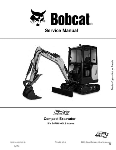 Unlock the full potential of your BOBCAT E20Z Excavator with the comprehensive Service Manual (7359012) designed for models B4PH11001 and up. This PDF file, dated 07-20, provides detailed insights into maintenance, troubleshooting, and repair procedures, ensuring your equipment operates at peak performance. With easy navigation and clear illustrations, this manual is an essential resource for both seasoned professionals and DIY enthusiasts, helping you save time and money on repairs while extending the life