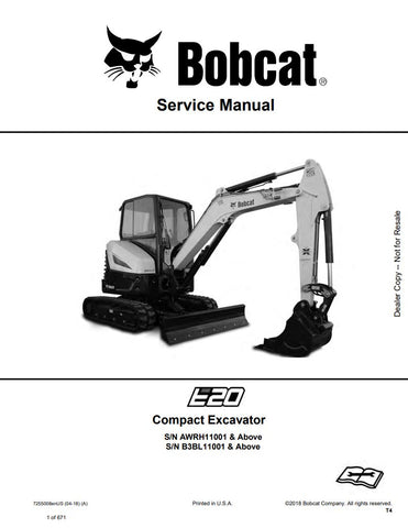 Unlock the full potential of your BOBCAT E20 Excavator with the comprehensive Service Manual (7255008) designed for models AWRH11001, B3BL11001, and up. This PDF file, dated 04-18, provides detailed insights into maintenance, troubleshooting, and repair procedures, ensuring your equipment operates at peak performance. With easy navigation and clear illustrations, this manual is an essential resource for both seasoned professionals and DIY enthusiasts, helping you save time and money on repairs. Don't miss o