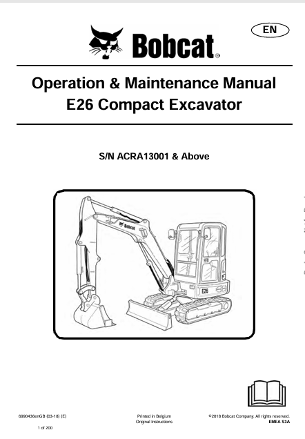 Discover the comprehensive operation and maintenance manual for the Bobcat E26 Compact Excavator. Download the PDF file for essential insights and guidelines.