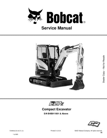 Enhance your maintenance capabilities with the BOBCAT E27Z Excavator Service Manual (B4B911001 & UP, 7349963). This comprehensive PDF file, updated as of March 2021, provides detailed insights into the operation, troubleshooting, and repair of your excavator, ensuring optimal performance and longevity. With easy navigation and clear illustrations, this manual is an essential resource for both professionals and DIY enthusiasts looking to keep their equipment in top shape. Don't miss out on the opportunity to