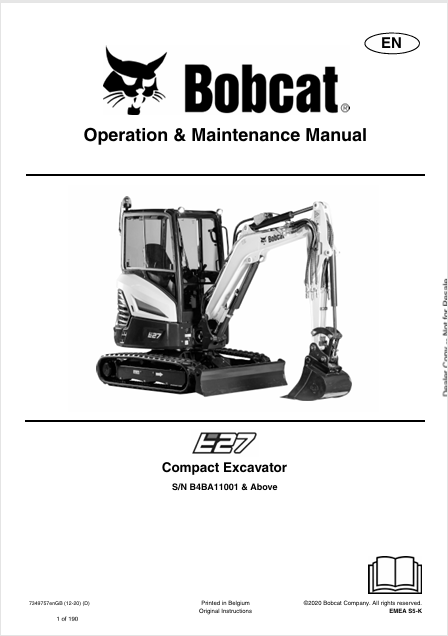 Discover the comprehensive operation and maintenance manual for the Bobcat E27 Compact Excavator. Download the PDF file for essential insights and guidelines.