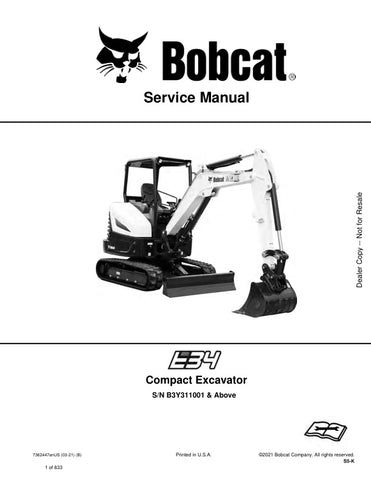 Unlock the full potential of your BOBCAT E34 with the comprehensive Service Manual (7362447) designed for models B3Y311001 and up. This PDF file, updated as of March 2021, provides detailed insights into maintenance, troubleshooting, and repair procedures, ensuring your equipment operates at peak performance. With easy navigation and clear illustrations, this manual is an essential resource for both professionals and DIY enthusiasts, helping you save time and money on repairs while extending the life of you