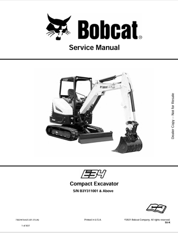 Discover the comprehensive service manual for the BOBCAT E34 Compact Excavator (7362447). Download the PDF for expert maintenance and repair guidance.